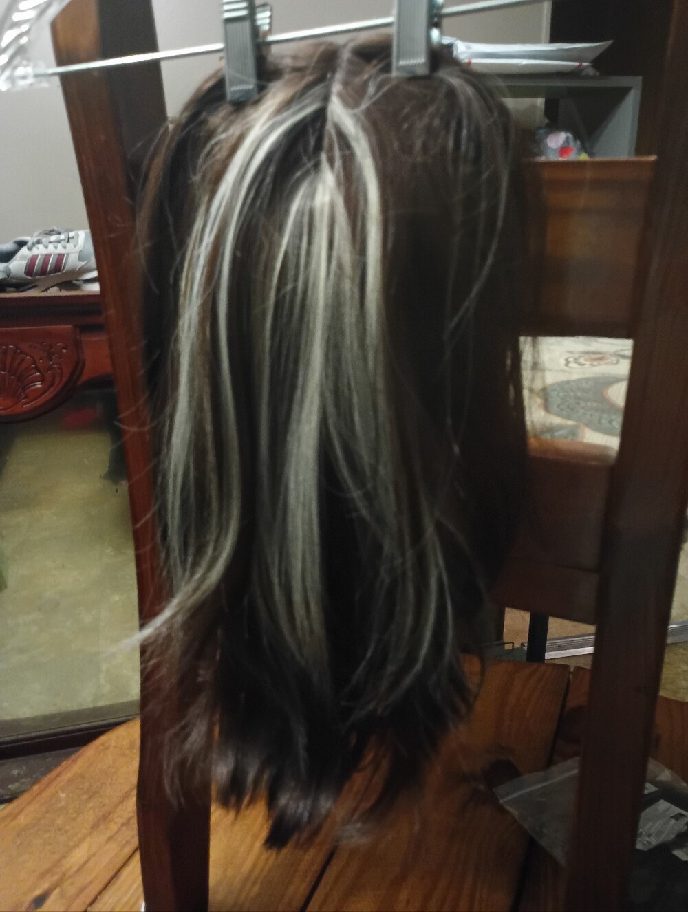 Dark Brown Synthetic Hairpiece with White Highlights - Women Hair